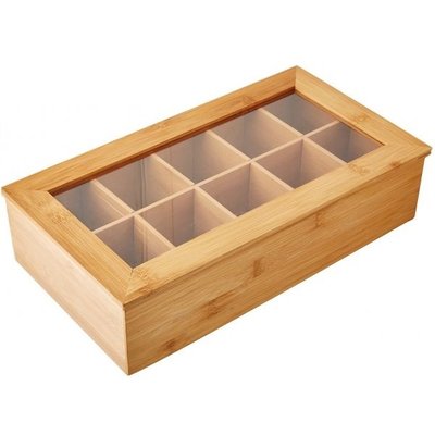 Kesper FSC® Bamboe Theedoos met 10 Vakken | Theekist Bamboe hout | Met deksel en venster | Thee Doos / Thea Box |  Afm. 36 x 20 x 9 Cm.