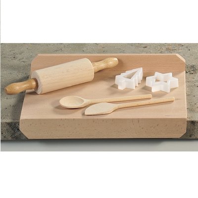 Kesper 6-Delige FSC® Beuken Houten Kinderbakset | Taart / Gebak Bak Set voor Kinderen | Bak Rol Plaat, Deegroller, Houten Lepels en Uitsteek vormpjes | Kinderen Bakset | Afm. 30 x 20 x 5 Cm. (6 Delige SET )