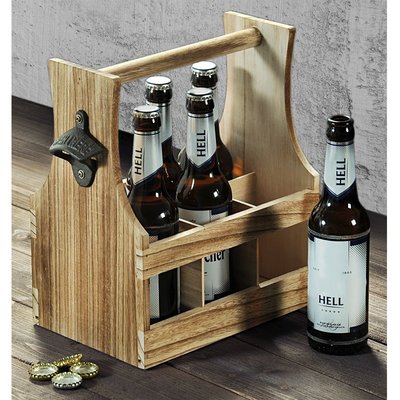 Kesper FSC® Houten Bierkrat met Bierflessen opener | Bier Flessenhouder voor 6 flessen met opener | Bier butler | Bierkrat Flessen Drager | Bier Krat | Afm. 25 x 16,8 x 32 Cm.