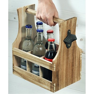 Kesper FSC® Houten Bierkrat met Bierflessen opener | Bier Flessenhouder voor 6 flessen met opener | Bier butler | Bierkrat Flessen Drager | Bier Krat | Afm. 25 x 16,8 x 32 Cm.