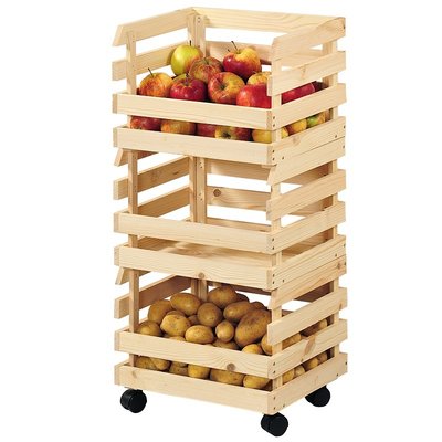 Kesper FSC® Houten Voorraadrek op wielen, voor Aardappel/ Fruit Opslag | 3 Kratten van Dennenhout | Stapelbaar Opslag Box / Kratten | Krat om Aardappels of Fruit in op te bergen | 3 Delig voorraad Rek | Afm. 80 x 30 x 37 cm