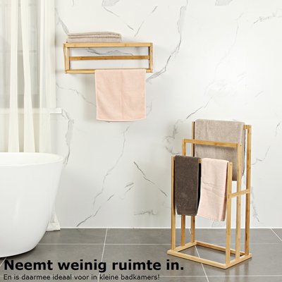 Decopatent Bamboe wandplank en handdoekenrek voor in de badkamer – Hangend houten wandrek / handdoekenhouder – Badkamer rek voor handdoeken - Decopatent