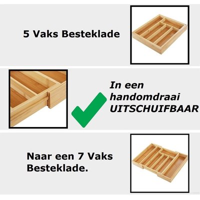 Decopatent Uitschuifbare bestekbak voor keukenla – 5 Vaks -> Uitschuifbaar naar 7 Vaks - Bestek organizer van hoogwaardig bamboe hout – Bestekcassette uitschuifbaar - 29-48 x 34 x 5 Cm. - Decopatent