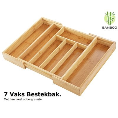 Decopatent Uitschuifbare bestekbak voor keukenla – 5 Vaks -> Uitschuifbaar naar 7 Vaks - Bestek organizer van hoogwaardig bamboe hout – Bestekcassette uitschuifbaar - 29-48 x 34 x 5 Cm. - Decopatent