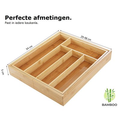 Decopatent Uitschuifbare bestekbak voor keukenla – 5 Vaks -> Uitschuifbaar naar 7 Vaks - Bestek organizer van hoogwaardig bamboe hout – Bestekcassette uitschuifbaar - 29-48 x 34 x 5 Cm. - Decopatent