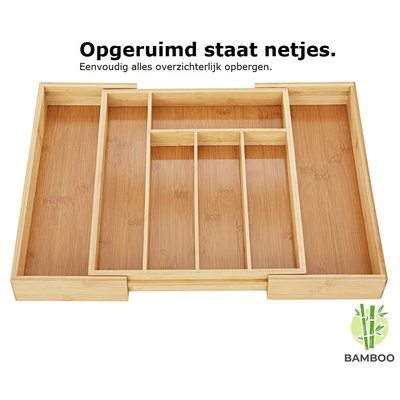 Decopatent Uitschuifbare bestekbak voor keukenla – 5 Vaks -> Uitschuifbaar naar 7 Vaks - Bestek organizer van hoogwaardig bamboe hout – Bestekcassette uitschuifbaar - 29-48 x 34 x 5 Cm. - Decopatent