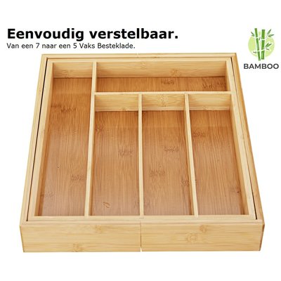 Decopatent Uitschuifbare bestekbak voor keukenla – 5 Vaks -> Uitschuifbaar naar 7 Vaks - Bestek organizer van hoogwaardig bamboe hout – Bestekcassette uitschuifbaar - 29-48 x 34 x 5 Cm. - Decopatent