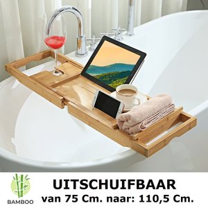 Decopatent Verstelbaar bamboe badrekje voor over bad – 75 tot 110 cm lang – Badplank / badbrug geschikt voor telefoon, tablet, boek – Bad tafeltje van hout - Decopatent