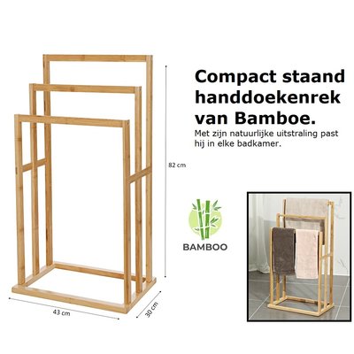 Decopatent Vrijstaand handdoekenrek voor badkamer – Staand handdoekrek van bamboe hout – Handdoek droogrek met 3 armen  - Handdoekrek - Decopatent