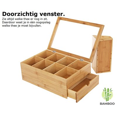 Decopatent Luxe theedoos met doorzichtig venster van bamboe hout – 9 vaks theekist voor thee - Decopatent