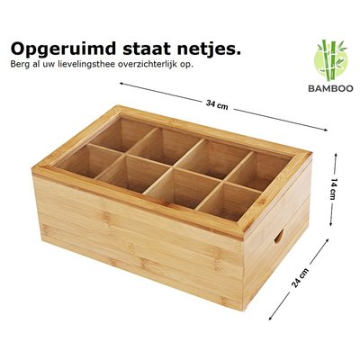 Decopatent Luxe theedoos met doorzichtig venster van bamboe hout – 9 vaks theekist voor thee - Decopatent