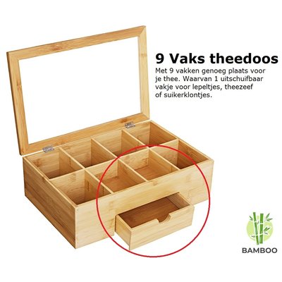 Decopatent Luxe theedoos met doorzichtig venster van bamboe hout – 9 vaks theekist voor thee - Decopatent