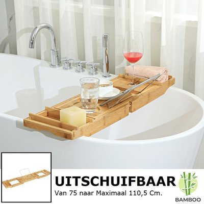 Decopatent 2-in-1 verstelbaar bamboe badrekje / ontbijt op bed dienblad - Voor bed en bad – 75 tot 110,5 cm lang – Badplank / badbrug geschikt voor telefoon, tablet, boek – Bad tafeltje van hout met pootjes - Decopatent