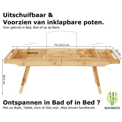 Decopatent 2-in-1 verstelbaar bamboe badrekje / ontbijt op bed dienblad - Voor bed en bad – 75 tot 110,5 cm lang – Badplank / badbrug geschikt voor telefoon, tablet, boek – Bad tafeltje van hout met pootjes - Decopatent