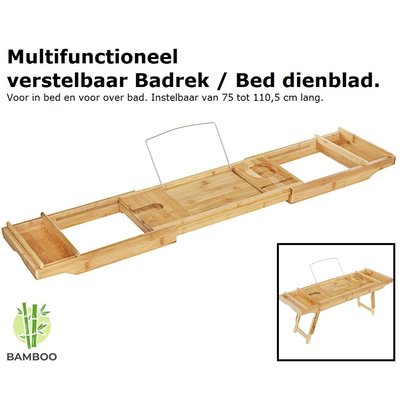 Decopatent 2-in-1 verstelbaar bamboe badrekje / ontbijt op bed dienblad - Voor bed en bad – 75 tot 110,5 cm lang – Badplank / badbrug geschikt voor telefoon, tablet, boek – Bad tafeltje van hout met pootjes - Decopatent