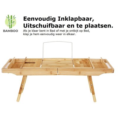 Decopatent 2-in-1 verstelbaar bamboe badrekje / ontbijt op bed dienblad - Voor bed en bad – 75 tot 110,5 cm lang – Badplank / badbrug geschikt voor telefoon, tablet, boek – Bad tafeltje van hout met pootjes - Decopatent