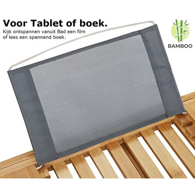 Decopatent Verstelbaar bamboe badrekje voor over bad – 70 tot 106,5 cm lang – Badplank / badbrug geschikt voor telefoon, tablet, boek – Bad tafeltje van hout - Decopatent