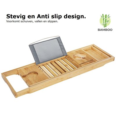 Decopatent Verstelbaar bamboe badrekje voor over bad – 70 tot 106,5 cm lang – Badplank / badbrug geschikt voor telefoon, tablet, boek – Bad tafeltje van hout - Decopatent