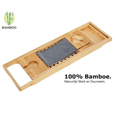 Decopatent Verstelbaar bamboe badrekje voor over bad – 70 tot 106,5 cm lang – Badplank / badbrug geschikt voor telefoon, tablet, boek – Bad tafeltje van hout - Decopatent