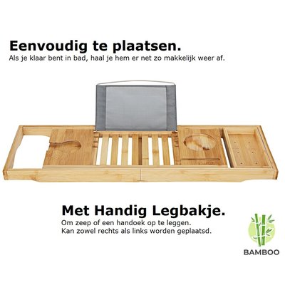 Decopatent Verstelbaar bamboe badrekje voor over bad – 70 tot 106,5 cm lang – Badplank / badbrug geschikt voor telefoon, tablet, boek – Bad tafeltje van hout - Decopatent