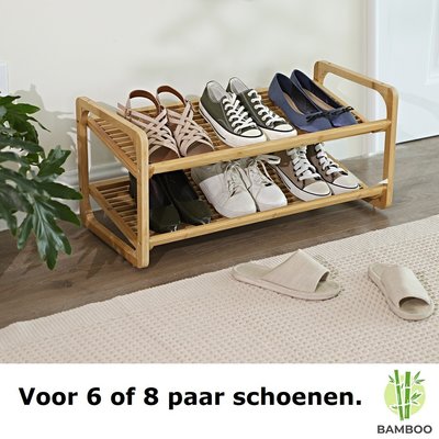 Decopatent Bamboe schoenenrek met 2 etages – Houten opbergrek voor 6 tot 9 paar schoenen – Ruimtebesparend / Compact / Klein en smal / 73 cm – 2 laags schoenenplank - Decopatent