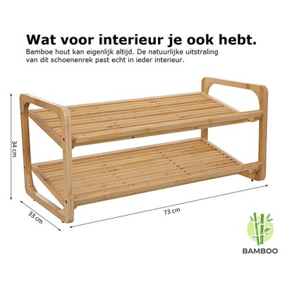 Decopatent Bamboe schoenenrek met 2 etages – Houten opbergrek voor 6 tot 9 paar schoenen – Ruimtebesparend / Compact / Klein en smal / 73 cm – 2 laags schoenenplank - Decopatent