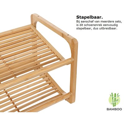 Decopatent Bamboe schoenenrek met 2 etages – Houten opbergrek voor 6 tot 9 paar schoenen – Ruimtebesparend / Compact / Klein en smal / 73 cm – 2 laags schoenenplank - Decopatent