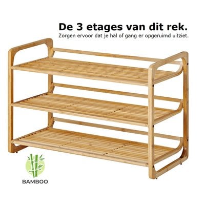 Decopatent Bamboe schoenenrek met 3 etages – Houten opbergrek voor 9 tot 12 paar schoenen – Ruimtebesparend 76 cm – 3 laags schoenenplank - Decopatent