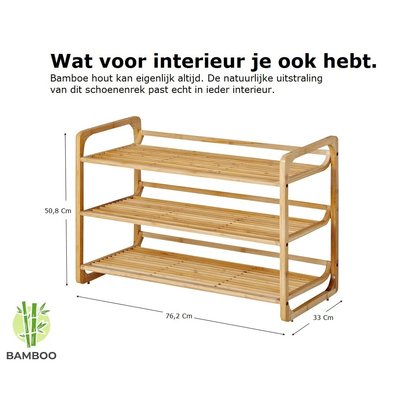 Decopatent Bamboe schoenenrek met 3 etages – Houten opbergrek voor 9 tot 12 paar schoenen – Ruimtebesparend 76 cm – 3 laags schoenenplank - Decopatent