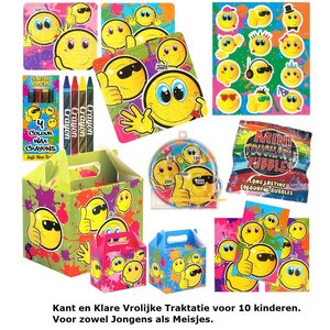 Henbrandt 10 STUKS | KANT-EN-KLARE Gevulde SMILEY Traktatiedozen INCLUSIEF Uitdeel Kado's. Bestaande uit: Uitdeelbox, Krijtjes, Notitieblok, Flipperspel, Puzzel, Stickervel en Bellenblaas | Jongens & Meisjes | Tractatiedozen voor Verjaardagen en Kinderfeestjes