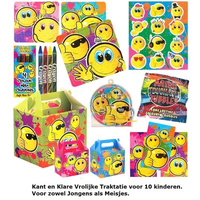 Decopatent 10 STUKS | KANT-EN-KLARE Gevulde SMILEY Traktatiedozen INCLUSIEF Uitdeel Kado's. Bestaande uit: Uitdeelbox, Krijtjes, Notitieblok, Flipperspel, Puzzel, Stickervel en Bellenblaas | Jongens & Meisjes | Tractatiedozen voor Verjaardagen en Kinderfeestjes