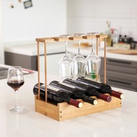 Decopatent Wijnrek van bamboe hout voor 4 flessen wijn en 4 wijnglazen - Design wijnflessenrek / flessenrek met wijnglashouder - Decopatent®