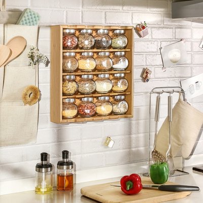 Decopatent Kruidenrekje met 16 kruidenpotjes van glas - Keukenrek / specerijen rek van bamboe hout - 4 laags keukenorganizer - Hangend en staand te gebruiken - Decopatent®