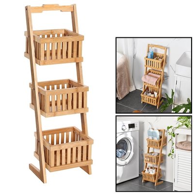 Decopatent Houten opbergrek met 3 manden - Staand badkamerrek / keukenrek met bakken van bamboe hout - Smal rek voor keuken / badkamer van Decopatent®