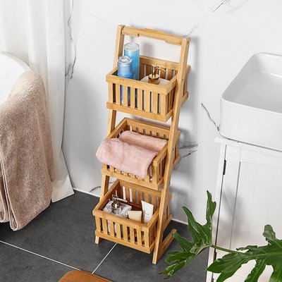 Decopatent Houten opbergrek met 3 manden - Staand badkamerrek / keukenrek met bakken van bamboe hout - Smal rek voor keuken / badkamer van Decopatent®