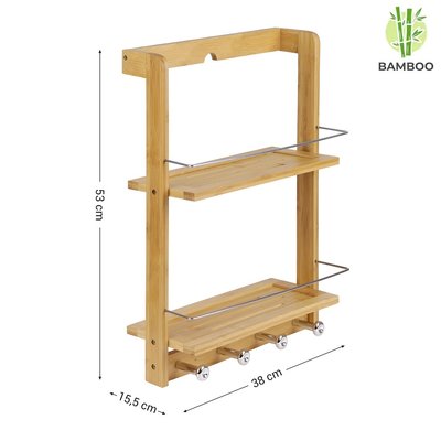 Decopatent Hangend badkamerrek van bamboe hout - Met 2 legplanken en 4 handdoekhaakjes - Luxe handdoekenrek / handdoekenhouder / wandrek - Badkamer rek voor o.a. handdoeken - Decopatent®