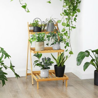 Decopatent Plantenrek van bamboe hout - Plantentrap / bloemenrek voor binnen - Plantenetagere met 3 etages - Staand rek voor planten en bloemen - Decopatent®