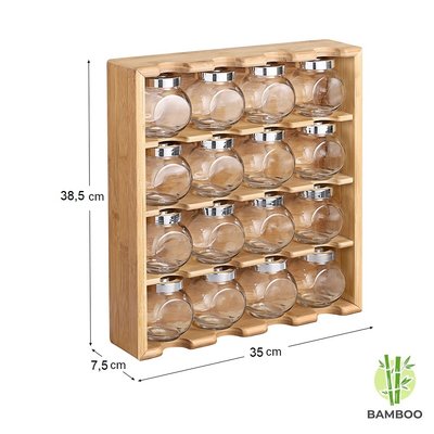 Decopatent Kruidenrekje met 16 kruidenpotjes van glas - Keukenrek / specerijen rek van bamboe hout - 4 laags keukenorganizer - Hangend en staand te gebruiken - Decopatent®