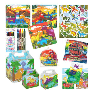 Henbrandt 10 STUKS | KANT-EN-KLARE Gevulde DINOSAURUS Traktatiedozen INCLUSIEF Uitdeel Kado's. Bestaande uit: Uitdeelbox, Krijtjes, Notitieblok, Flipperspel, Puzzel, Stickervel en Bellenblaas | Jongens | Tractatiedozen voor Verjaardagen en Kinderfeestjes