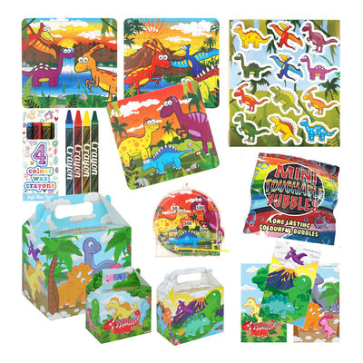 Henbrandt 10 STUKS | KANT-EN-KLARE Gevulde DINOSAURUS Traktatiedozen INCLUSIEF Uitdeel Kado's. Bestaande uit: Uitdeelbox, Krijtjes, Notitieblok, Flipperspel, Puzzel, Stickervel en Bellenblaas | Jongens | Tractatiedozen voor Verjaardagen en Kinderfeestjes