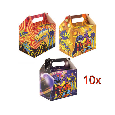 Henbrandt 10 STUKS | KANT-EN-KLARE Gevulde SUPER HERO Traktatiedozen INCLUSIEF Uitdeel Kado's. Bestaande uit: Uitdeelbox, Krijtjes, Notitieblok, Flipperspel, Puzzel, Stickervel en Bellenblaas | Jongens | Tractatiedozen voor Verjaardagen en Kinderfeestjes