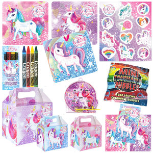 Decopatent 10 STUKS | KANT-EN-KLARE Gevulde UNICORN Traktatiedozen INCLUSIEF Uitdeel Kado's. Bestaande uit: Uitdeelbox, Krijtjes, Notitieblok, Flipperspel, Puzzel, Stickervel en Bellenblaas | Meisjes | Tractatiedozen voor Verjaardagen en Kinderfeestjes