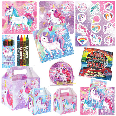 Henbrandt 10 STUKS | KANT-EN-KLARE Gevulde UNICORN Traktatiedozen INCLUSIEF Uitdeel Kado's. Bestaande uit: Uitdeelbox, Krijtjes, Notitieblok, Flipperspel, Puzzel, Stickervel en Bellenblaas | Meisjes | Tractatiedozen voor Verjaardagen en Kinderfeestjes
