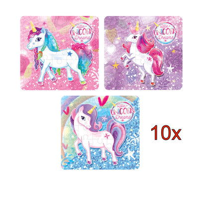 Decopatent 10 STUKS | KANT-EN-KLARE Gevulde UNICORN Traktatiedozen INCLUSIEF Uitdeel Kado's. Bestaande uit: Uitdeelbox, Krijtjes, Notitieblok, Flipperspel, Puzzel, Stickervel en Bellenblaas | Meisjes | Tractatiedozen voor Verjaardagen en Kinderfeestjes