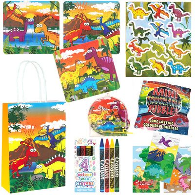 Decopatent 10 STUKS | LUXE DINOSAURUS Traktatie Tas INCLUSIEF SPEELGOED. Bestaande uit: Tasje, Krijtjes, Notitieblok, Flipperspel, Puzzel, Stickervel en Bellenblaas | Traktaties Uitdeelcadeaus voor Verjaardagen en Kinderfeestjes