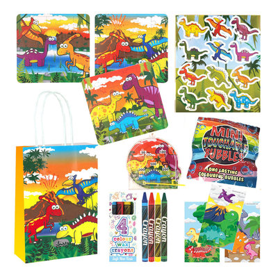 Henbrandt 10 STUKS | LUXE DINOSAURUS Traktatie Tas INCLUSIEF SPEELGOED. Bestaande uit: Tasje, Krijtjes, Notitieblok, Flipperspel, Puzzel, Stickervel en Bellenblaas | Traktaties Uitdeelcadeaus voor Verjaardagen en Kinderfeestjes