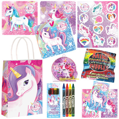 Decopatent 10 STUKS | KANT-EN-KLARE Gevulde UNICORN Traktatie Tas INCLUSIEF Uitdeel Kado's. Bestaande uit: Tasje, Krijtjes, Notitieblok, Flipperspel, Puzzel, Stickervel en Bellenblaas | Meisjes | Tractatiedozen voor Verjaardagen en Kinderfeestjes