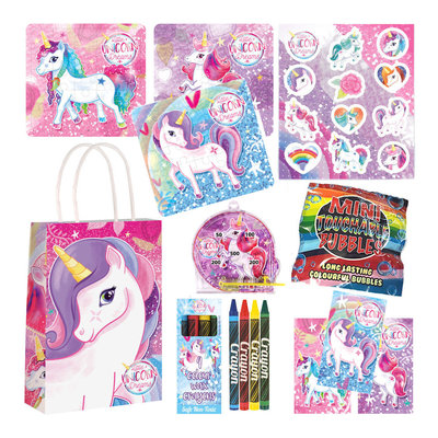 Decopatent 10 STUKS | KANT-EN-KLARE Gevulde UNICORN Traktatie Tas INCLUSIEF Uitdeel Kado's. Bestaande uit: Tasje, Krijtjes, Notitieblok, Flipperspel, Puzzel, Stickervel en Bellenblaas | Meisjes | Tractatiedozen voor Verjaardagen en Kinderfeestjes