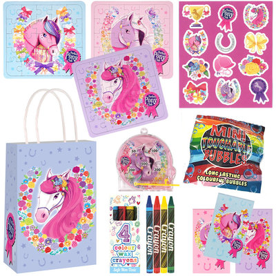 Henbrandt 10 STUKS | KANT-EN-KLARE Gevulde PONY / PAARDEN Traktatie Tas INCLUSIEF Uitdeel Kado's. Bestaande uit: Tasje, Krijtjes, Notitieblok, Flipperspel, Puzzel, Stickervel en Bellenblaas | Meisjes | Tractatiedozen voor Verjaardagen en Kinderfeestjes