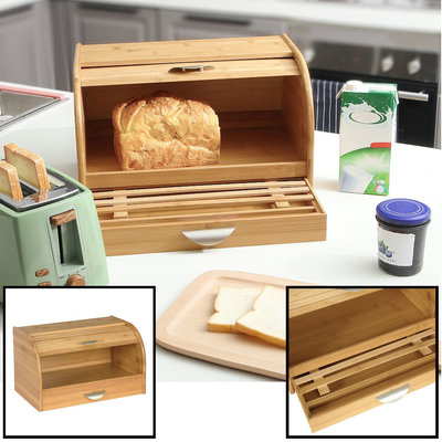 Decopatent Broodtrommel van bamboe hout met Schuifdeksel - Houten brooddoos / brood trommel met schuifdeksel en geïntegreerde brood snijplank - Decopatent®